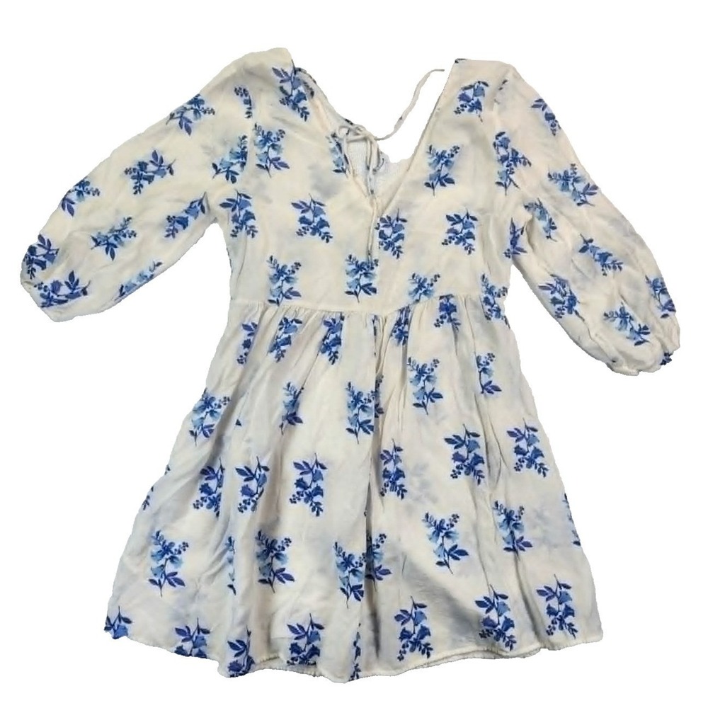 H&M Floral Mini Dress Women White Blue Cottagecore Boho Coastal Summer Small